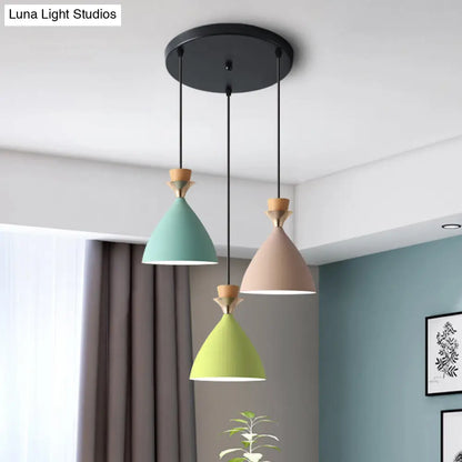 Macaroon 3-Light Cluster Pendant: Vibrant Green, Pink, and Yellow Cone Metal Shade Hanging Light with Adjustable 59" Wire