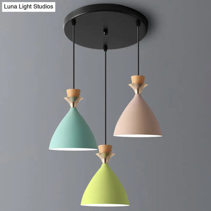 Macaroon 3-Light Cluster Pendant: Vibrant Green, Pink, and Yellow Cone Metal Shade Hanging Light with Adjustable 59" Wire