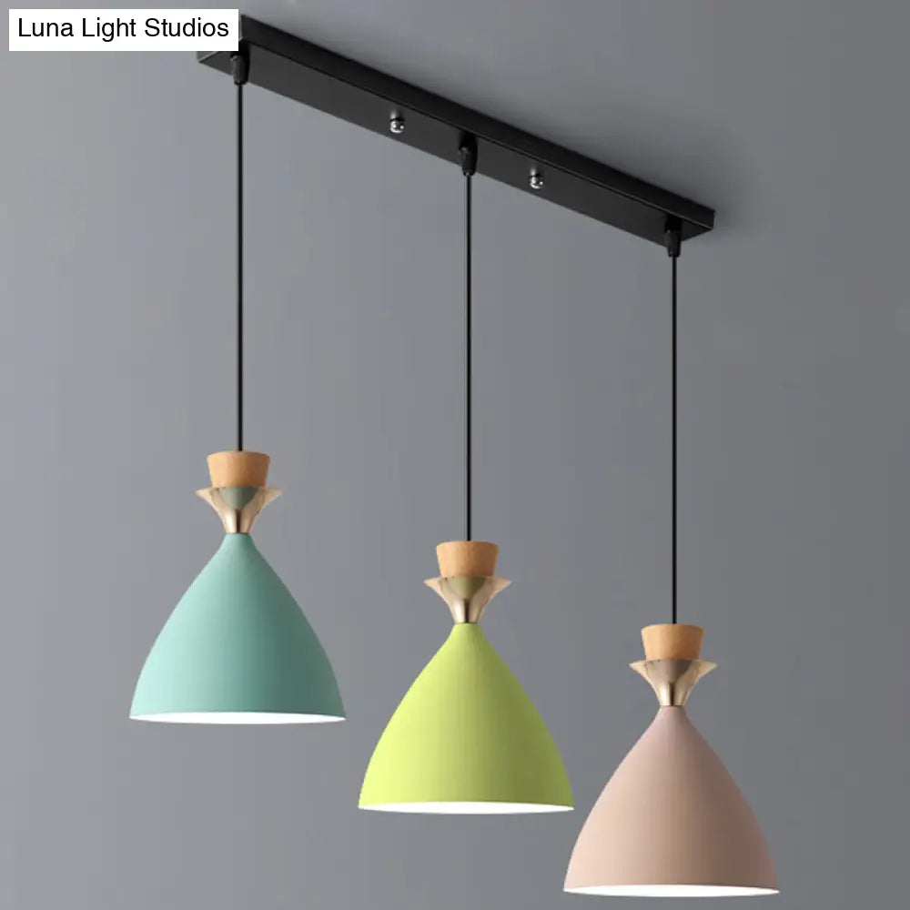 Macaroon 3-Light Cluster Pendant: Vibrant Green, Pink, and Yellow Cone Metal Shade Hanging Light with Adjustable 59" Wire