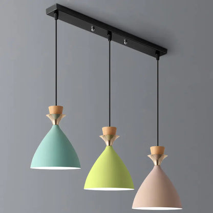 Macaroon 3-Light Cluster Pendant: Vibrant Green, Pink, and Yellow Cone Metal Shade Hanging Light with Adjustable 59" Wire