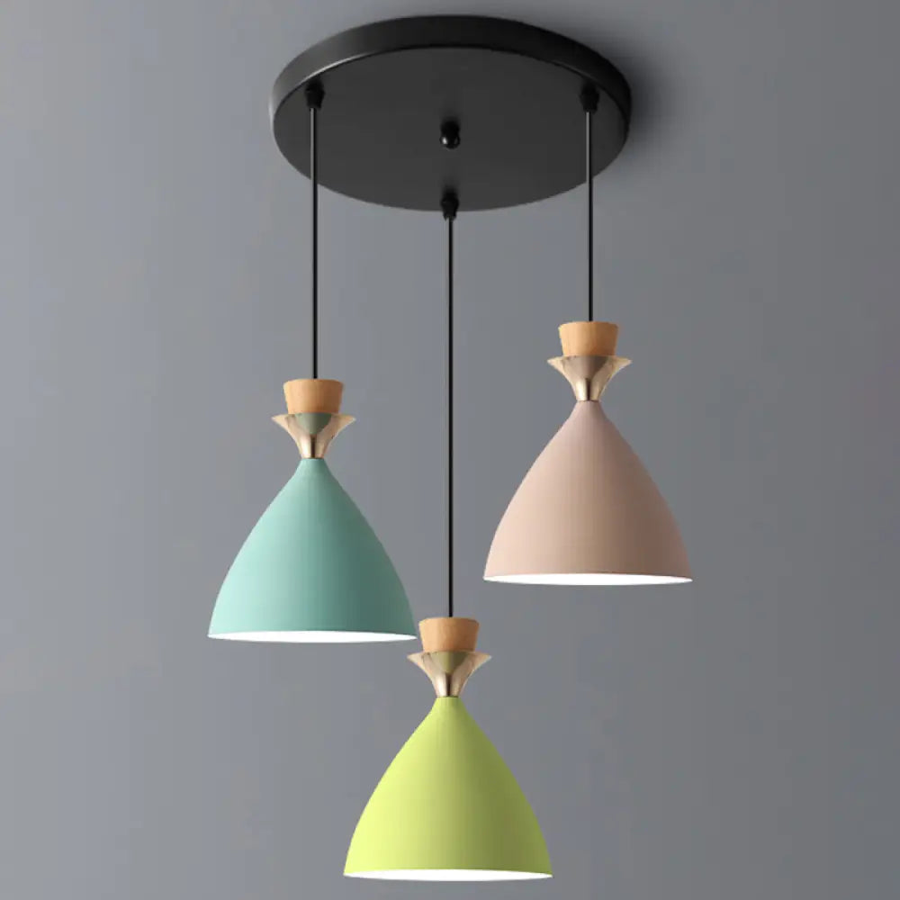 Macaroon 3-Light Cluster Pendant: Vibrant Green, Pink, and Yellow Cone Metal Shade Hanging Light with Adjustable 59" Wire