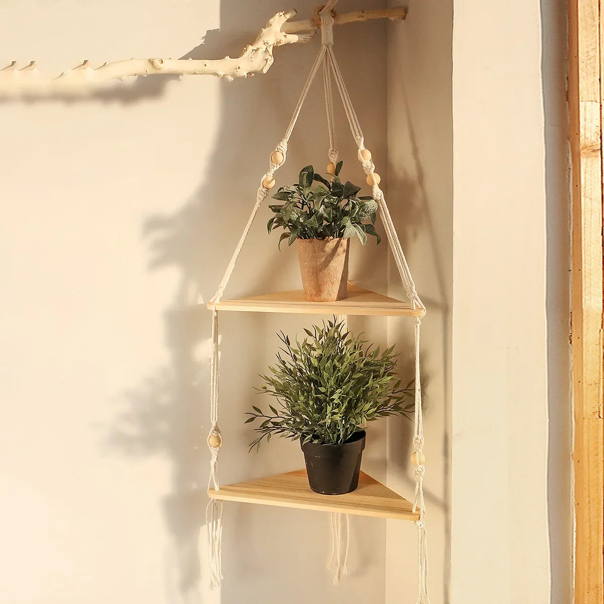 Macrame Wall Hanging Corner Shelf for Boho Decor - 2 tier shelf