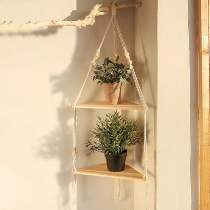 Macrame Wall Hanging Corner Shelf for Boho Decor - 2 tier shelf