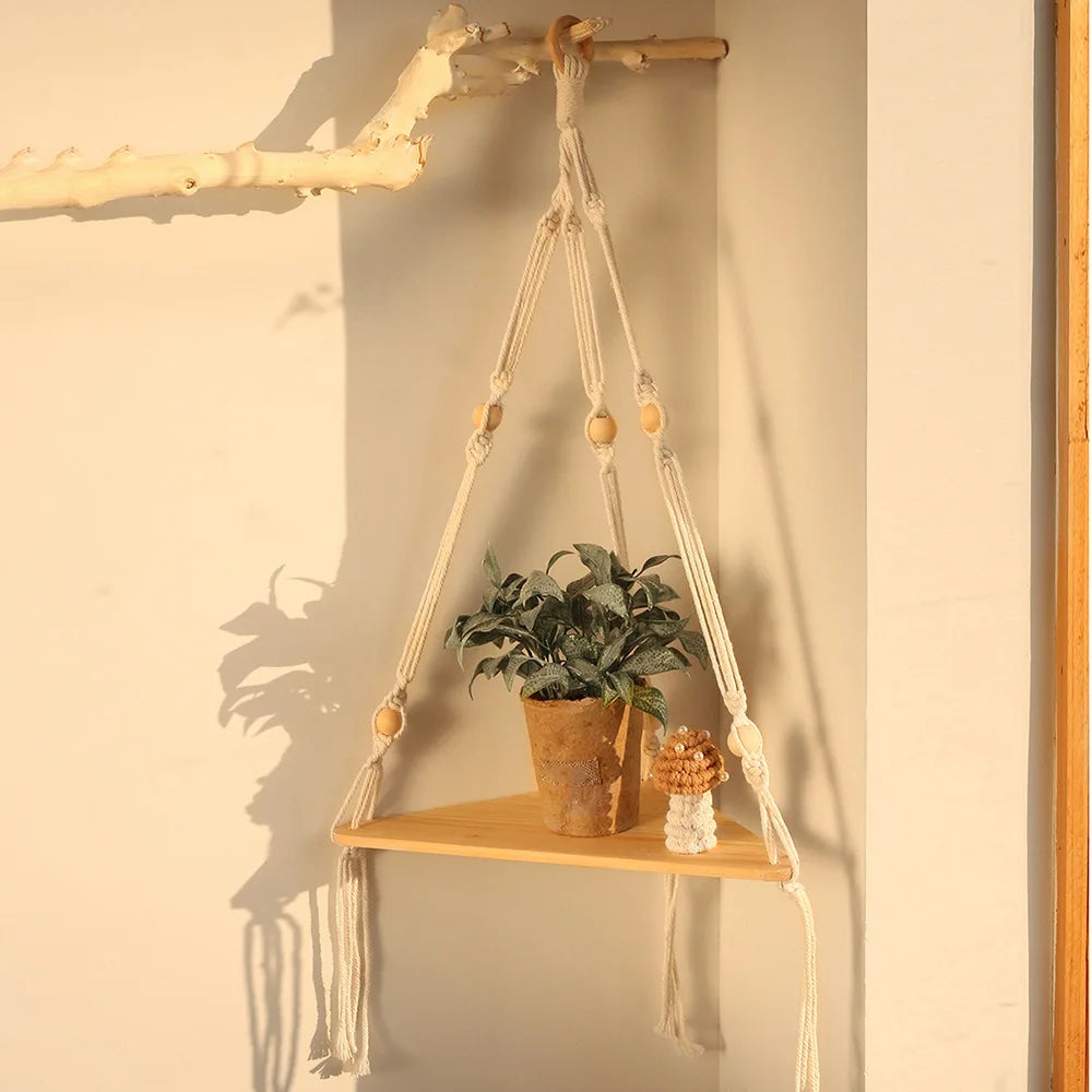 Macrame Wall Hanging Corner Shelf for Boho Decor