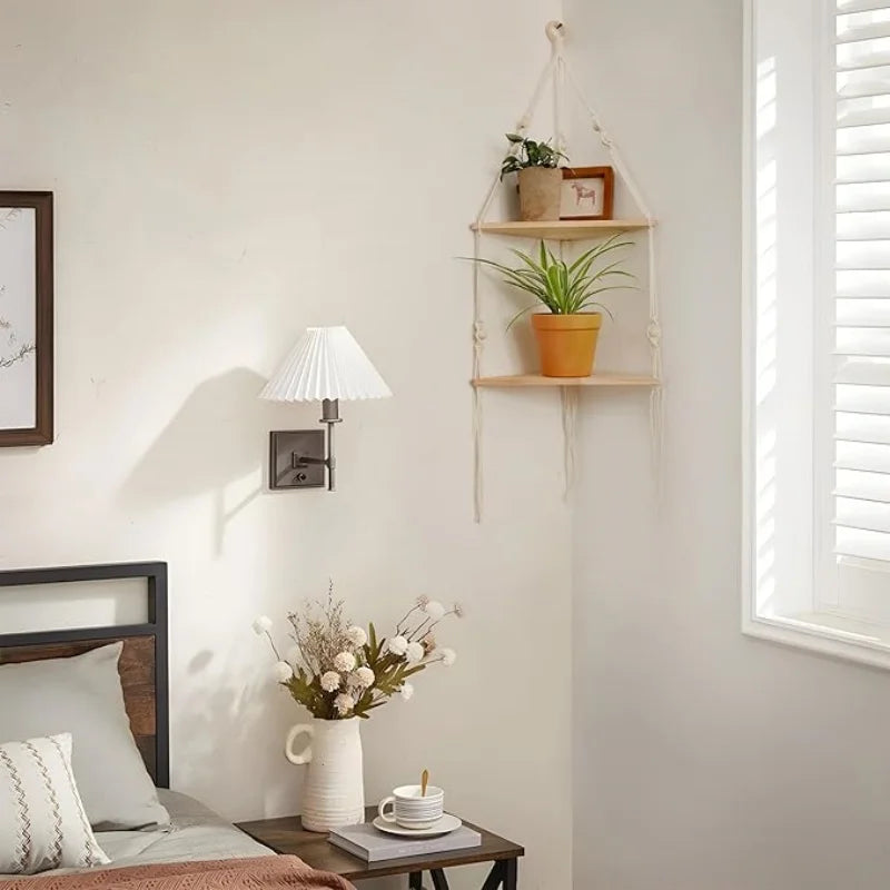 Macrame Wall Hanging Corner Shelf for Boho Decor