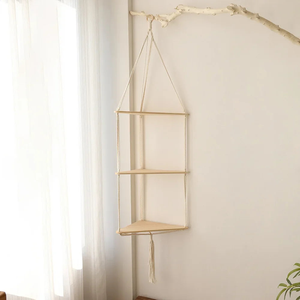 Macrame Wall Hanging Corner Shelf for Boho Decor