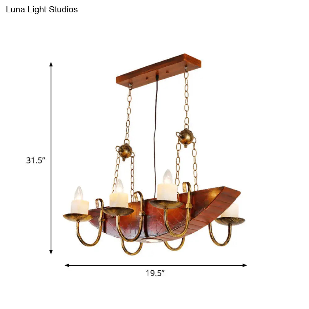 Madelon - Antique Antique Brass Candle Chandelier Lamp Rustic Metal 6-Light Living Room Hanging Light with Wooden Shelf