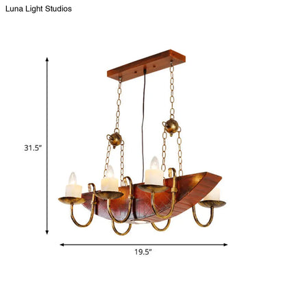 Madelon - Antique Antique Brass Candle Chandelier Lamp Rustic Metal 6-Light Living Room Hanging Light with Wooden Shelf