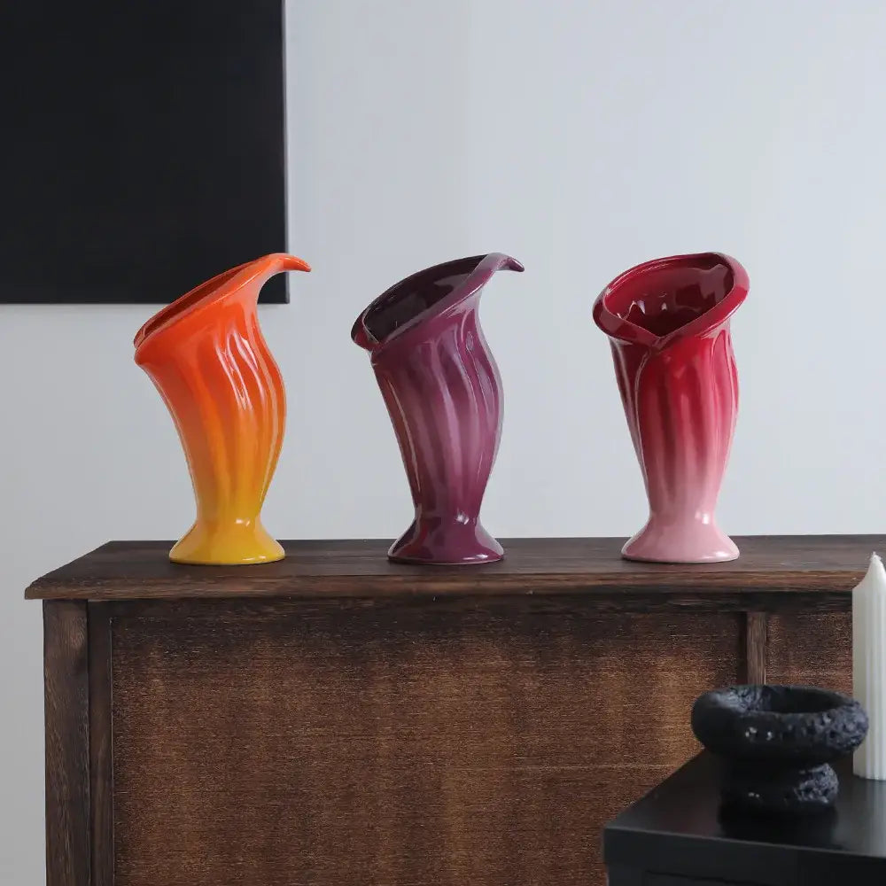 Three ceramic vases with glossy gradient finish in calla lily shapes for decorbites calla lily living room decor