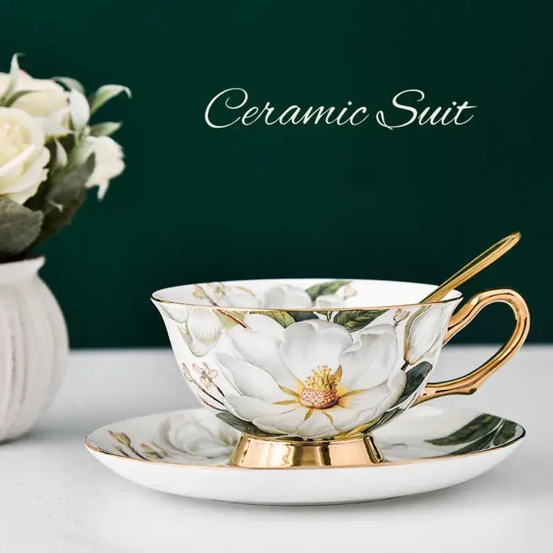Magnolia floral white bone china tea cup set with gold trim featuring delicate magnolia blossoms by decorbites bone china