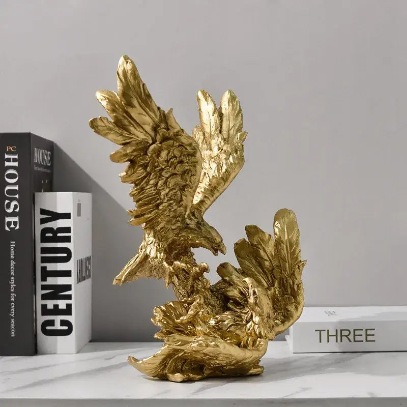 Majestic gold resin eagle sculpture with detailed feathered wings and textured metallic finish for living room decor