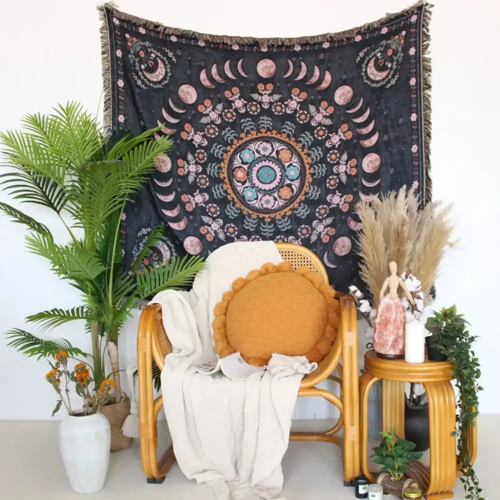 Black mandala geo tassel picnic mat and sofa cover with pink teal moon phases floral patterns and fringed edges