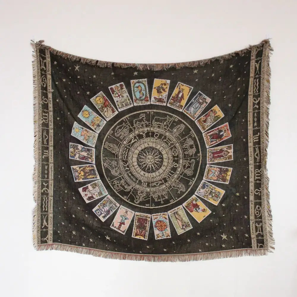 Black woven tapestry geo tassel picnic mat and sofa cover with circular zodiac tarot design and decorative fringe borders