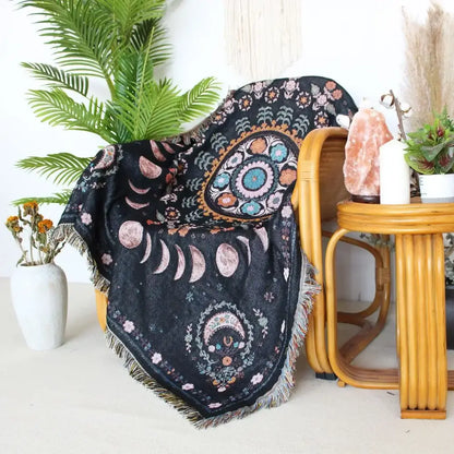 Black throw blanket with intricate moon and floral patterns in pink teal and gold with fringed edges geo tassel picnic mat sofa cover