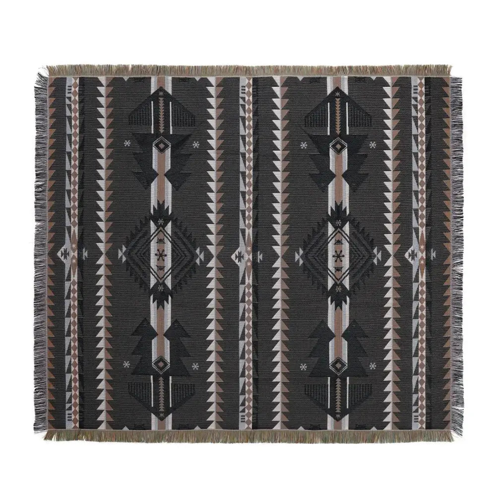 Mandala black geo tassel picnic mat and sofa cover featuring black and beige woven tribal patterns with fringed edges