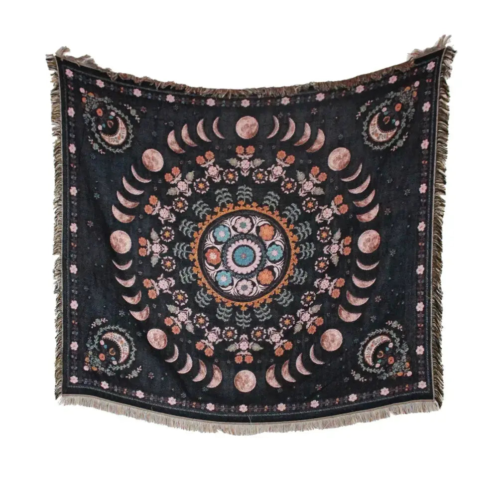 Black woven mandala geo tassel picnic mat and sofa cover featuring pink peach moon phases and teal floral motifs