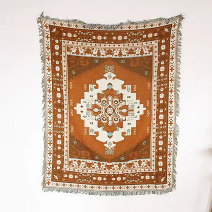 Rectangular woven mandala black geo tassel picnic mat and sofa cover with cream teal medallion and fringed edges
