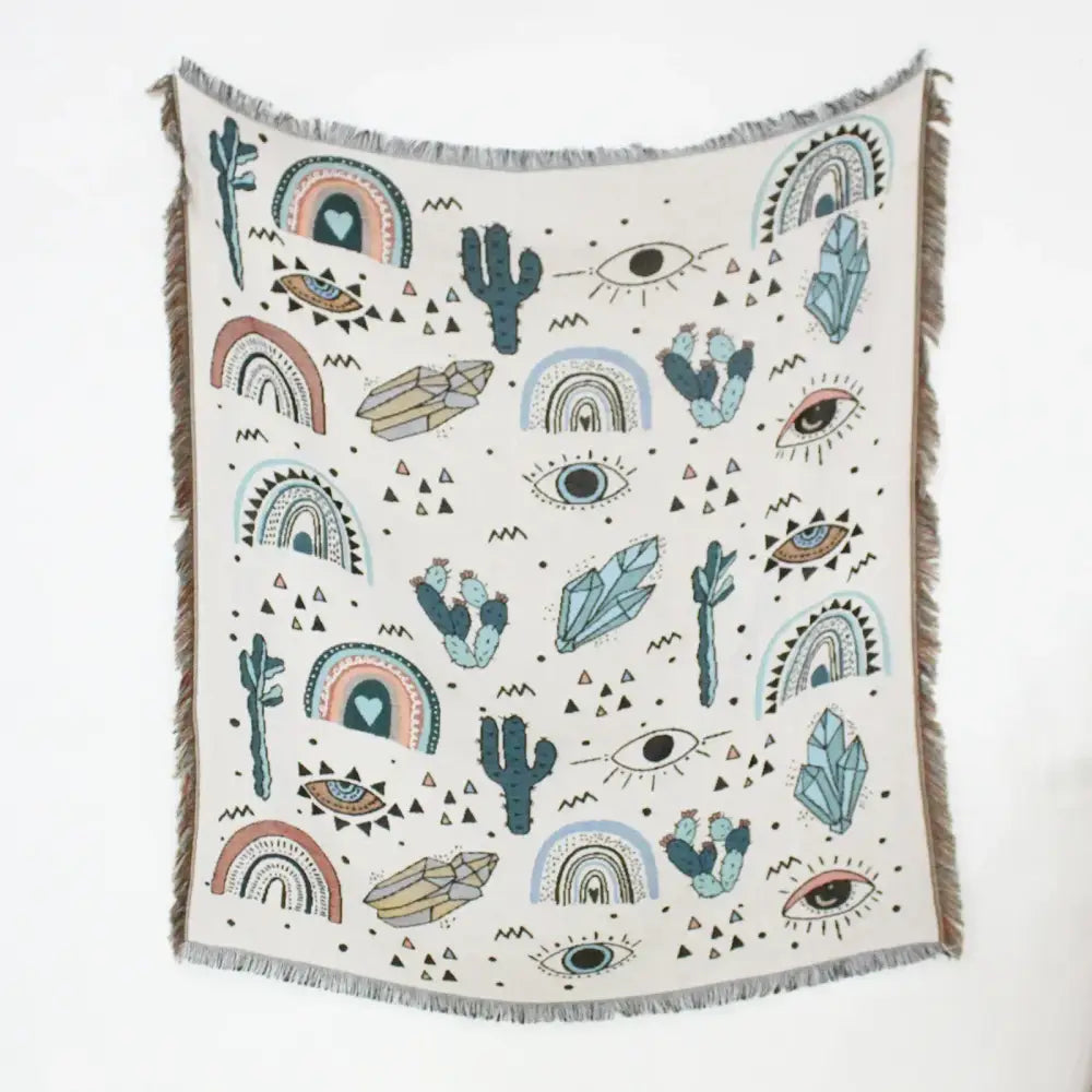 White woven mandala black geo tassel picnic mat and sofa cover with teal pink cactus rainbow and eye pattern