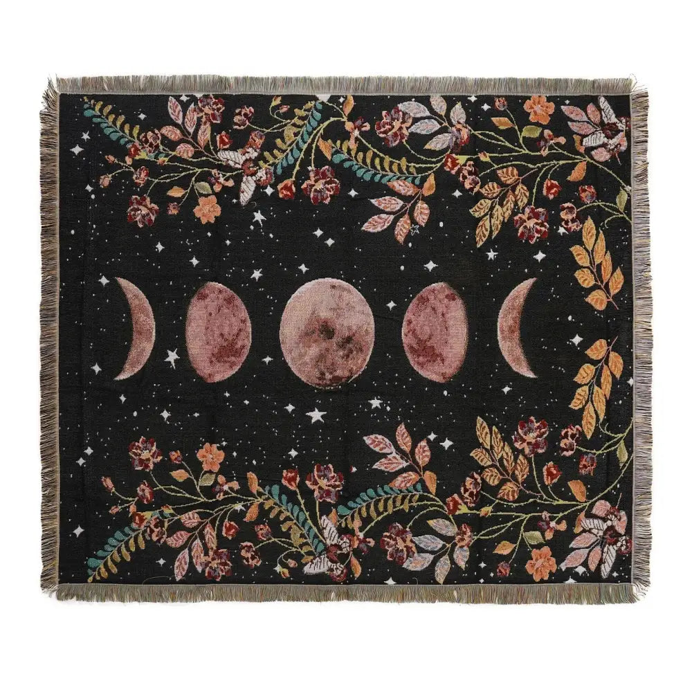 Mandala black geo tassel picnic mat and sofa cover with celestial moon phases and floral design in muted rose and gray tones