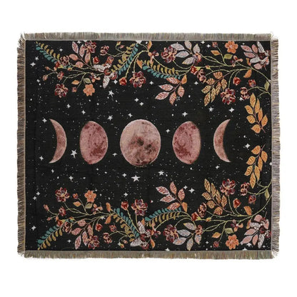 Mandala black geo tassel picnic mat and sofa cover with celestial moon phases and floral design in muted rose and gray tones