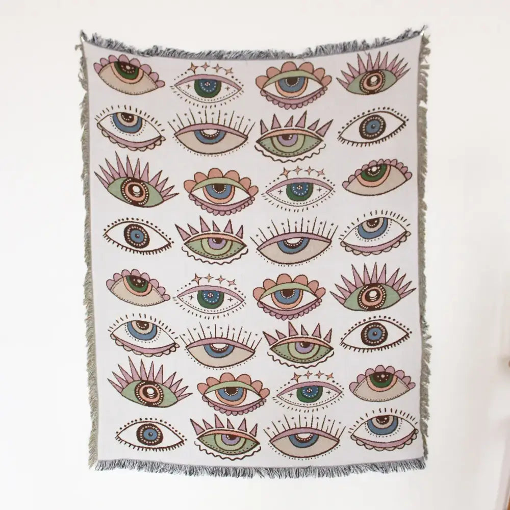 White woven mandala black geo tassel picnic mat and sofa cover with pastel eye pattern for living room use