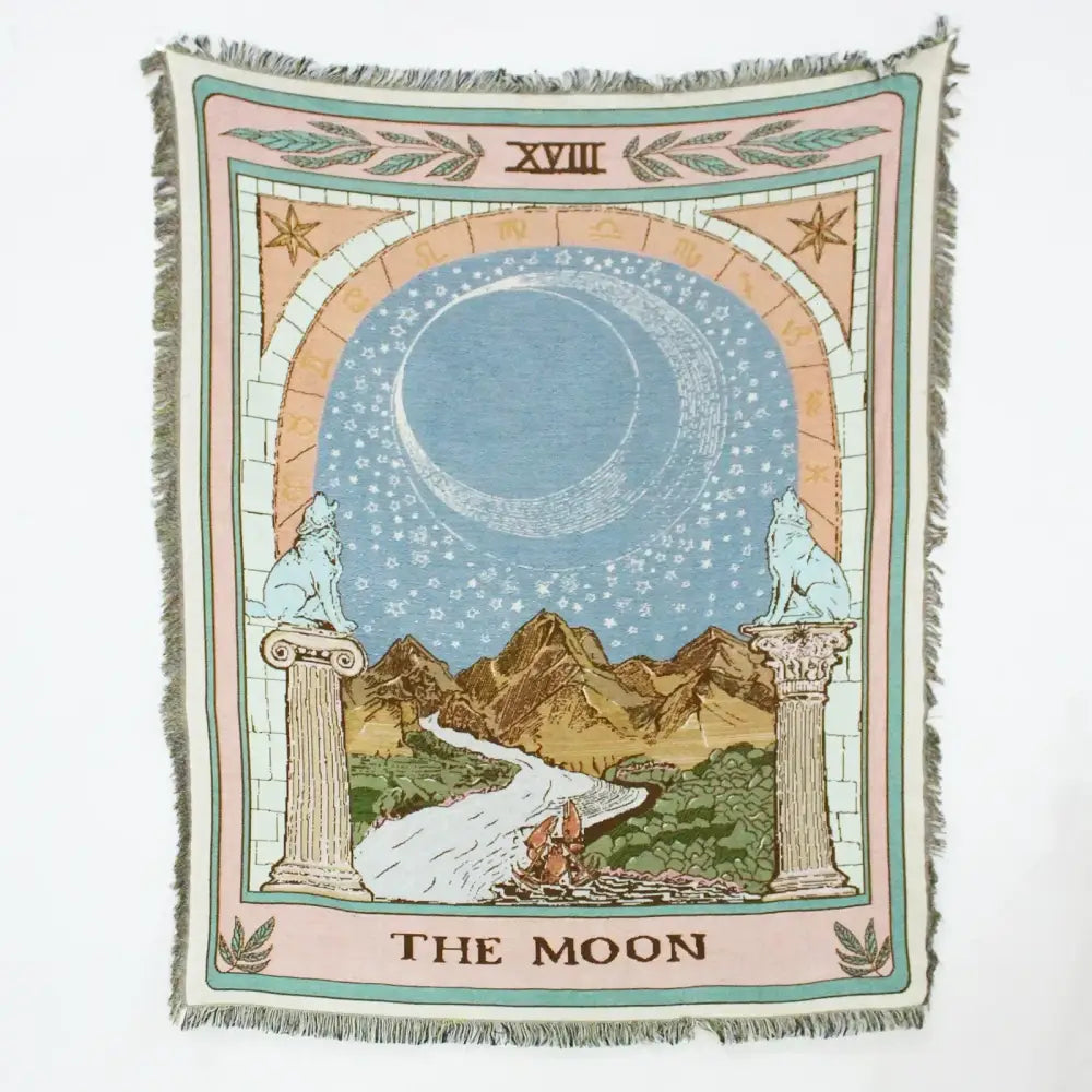 Mandala black geo tassel picnic mat and sofa cover featuring a soft woven tapestry with the moon tarot card design