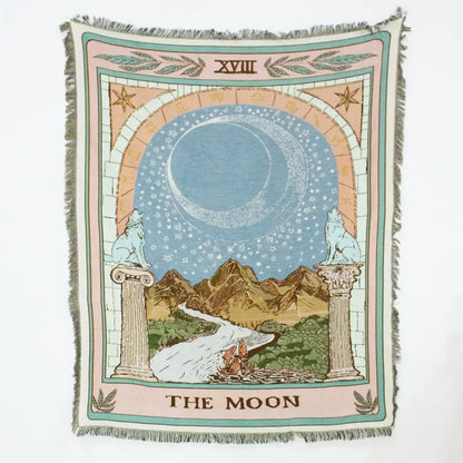 Mandala black geo tassel picnic mat and sofa cover featuring a soft woven tapestry with the moon tarot card design