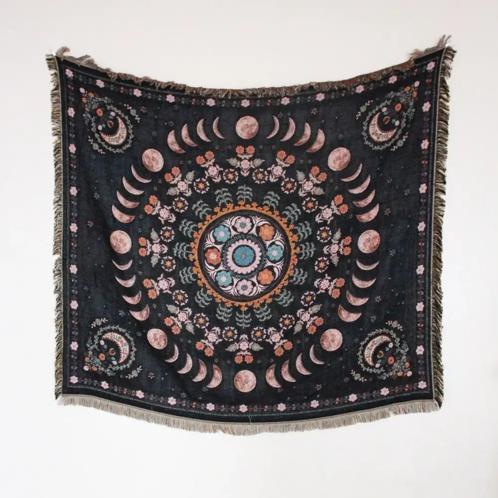 Black woven tapestry mandala design geo tassel picnic mat and sofa cover with moon phases and floral motifs