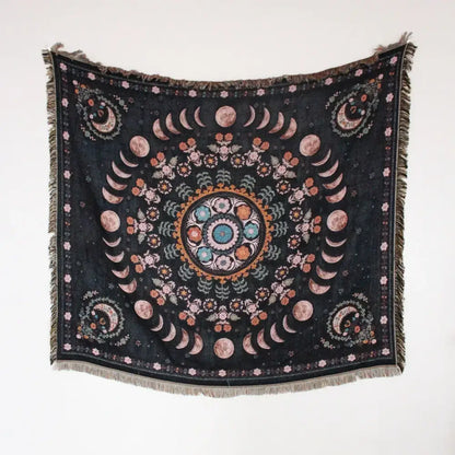 Black woven tapestry mandala design geo tassel picnic mat and sofa cover with moon phases and floral motifs