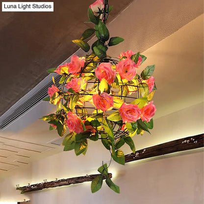 Maple Leaf/Rose/Plant Industrial Pendant Light Bulb - Metal LED Hanging Lamp Kit in Pink/Orange/Green