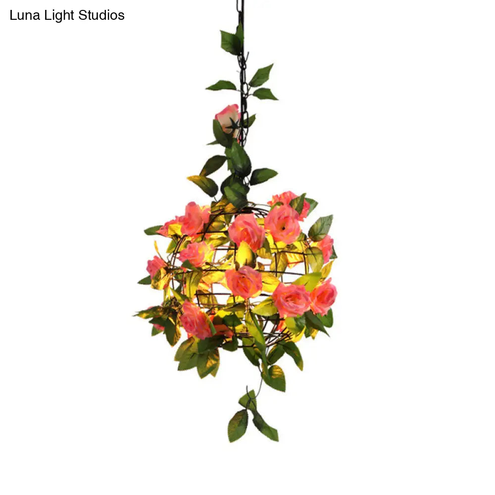 Maple Leaf/Rose/Plant Industrial Pendant Light Bulb - Metal LED Hanging Lamp Kit in Pink/Orange/Green