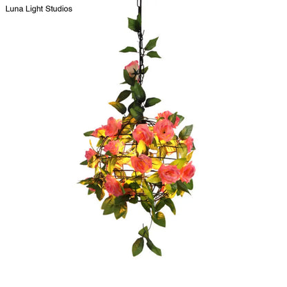 Maple Leaf/Rose/Plant Industrial Pendant Light Bulb - Metal LED Hanging Lamp Kit in Pink/Orange/Green