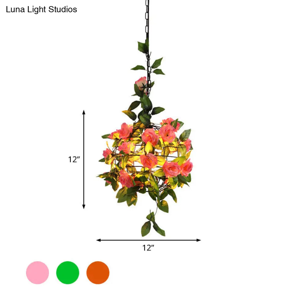 Maple Leaf/Rose/Plant Industrial Pendant Light Bulb - Metal LED Hanging Lamp Kit in Pink/Orange/Green