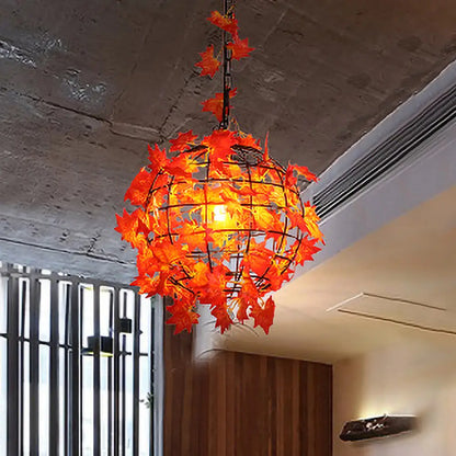 Maple Leaf/Rose/Plant Industrial Pendant Light Bulb - Metal LED Hanging Lamp Kit in Pink/Orange/Green