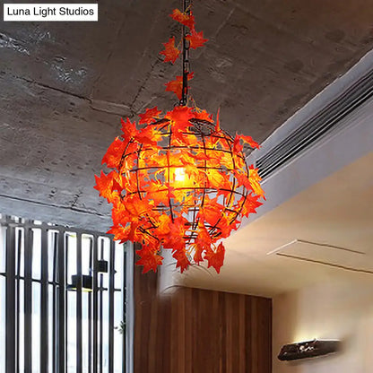 Maple Leaf/Rose/Plant Industrial Pendant Light Bulb - Metal LED Hanging Lamp Kit in Pink/Orange/Green