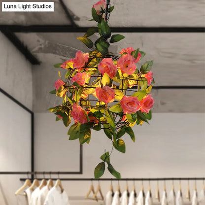 Maple Leaf/Rose/Plant Industrial Pendant Light Bulb - Metal LED Hanging Lamp Kit in Pink/Orange/Green