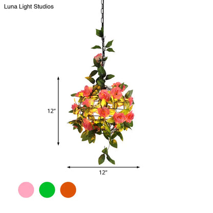 Maple Leaf/Rose/Plant Industrial Pendant Light Bulb - Metal LED Hanging Lamp Kit in Pink/Orange/Green