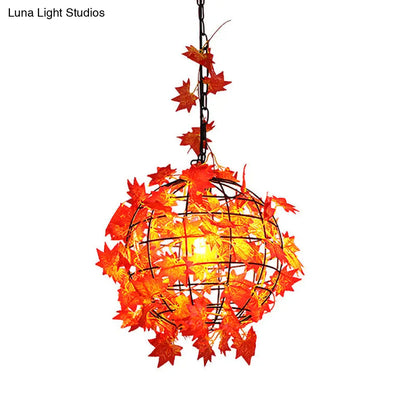 Maple Leaf/Rose/Plant Industrial Pendant Light Bulb - Metal LED Hanging Lamp Kit in Pink/Orange/Green