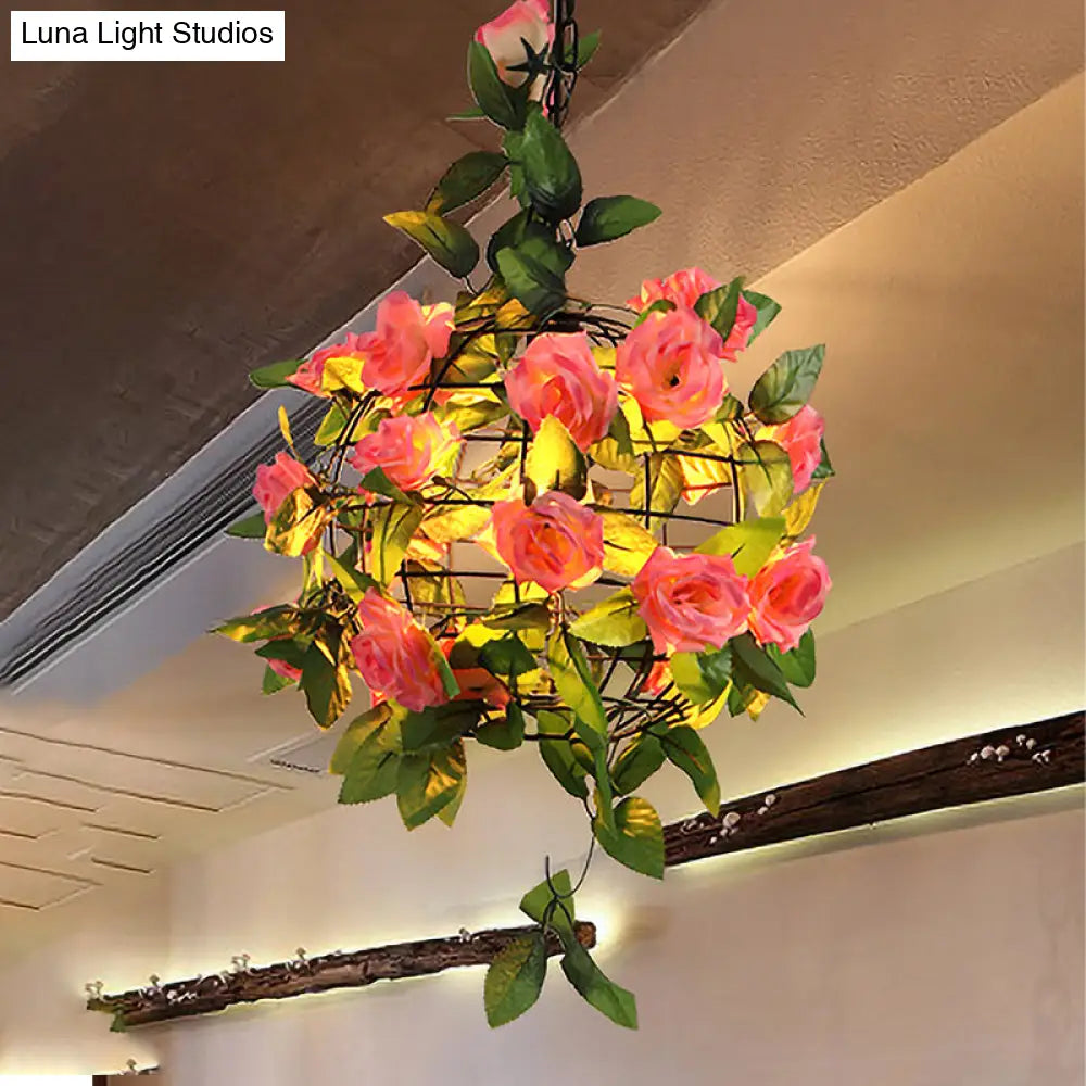 Maple Leaf/Rose/Plant Industrial Pendant Light Bulb - Metal LED Hanging Lamp Kit in Pink/Orange/Green