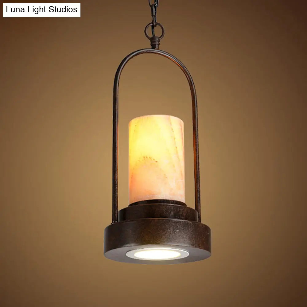 Marble Cylinder Pendant Lamp - 1-Bulb Hanging Light Fixture for Dining Room - Rust Finish with Metal Ring Deco