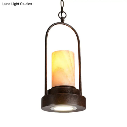 Marble Cylinder Pendant Lamp - 1-Bulb Hanging Light Fixture for Dining Room - Rust Finish with Metal Ring Deco