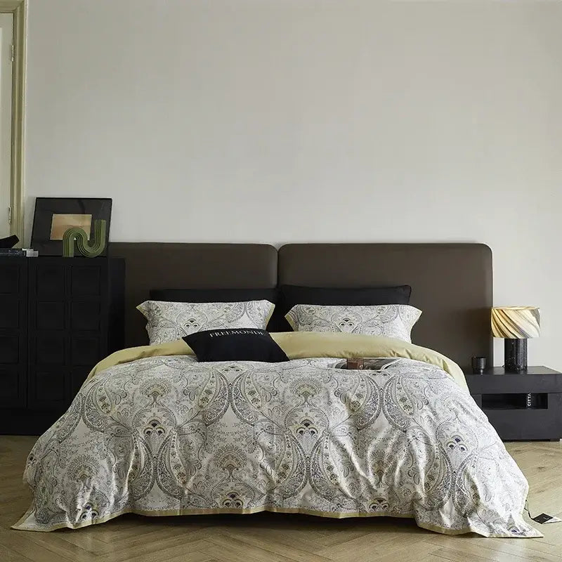 Marble gray and teal bedding set with elegant paisley pattern in shades of gray and beige made of decorbites 100s egyptian cotton