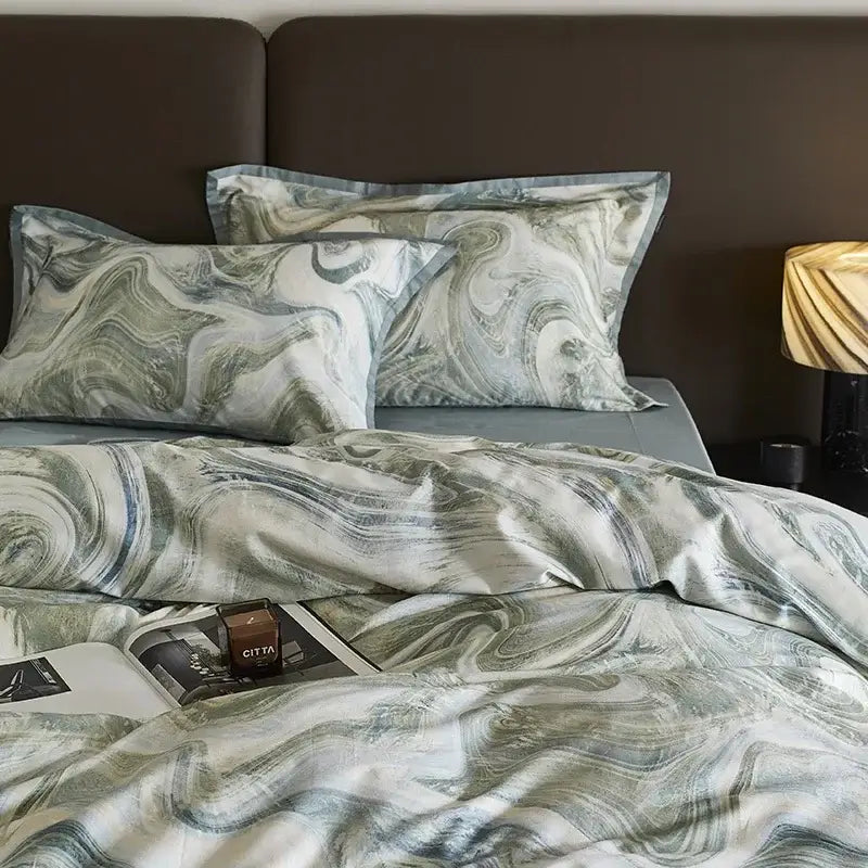 Marble gray and teal bedding set with elegant marble swirl design in decorbites 100s egyptian cotton fabric