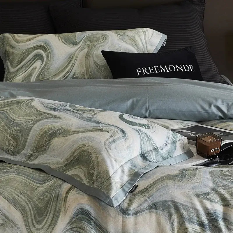 Marble gray and teal bedding set in luxurious satin fabric with marble pattern made of decorbites 100s egyptian cotton
