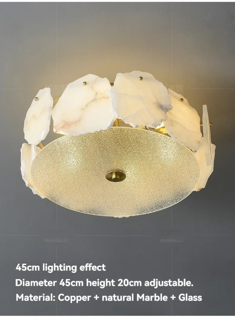 Modern pendant light featuring a textured gold glass base with white natural marble slices marble led chandelier round design