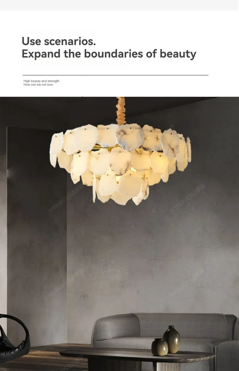 Modern marble led chandelier round pendant light with layered white and cream petal-shaped glass discs on wooden rod
