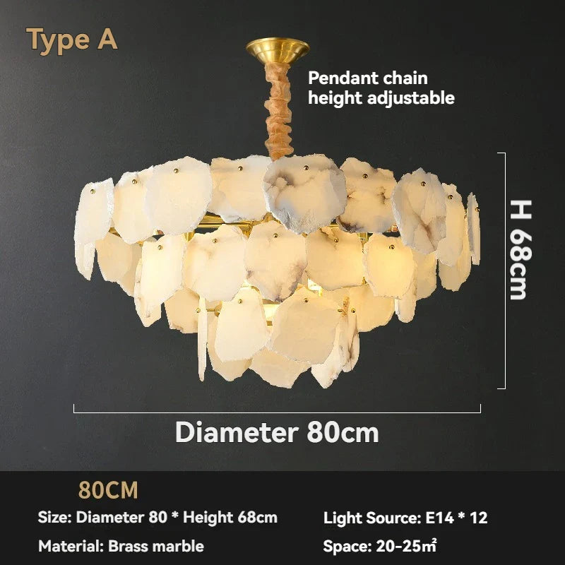 Marble LED chandelier round pendant light with brass marble finish and layered white petal-shaped shades in concentric circles