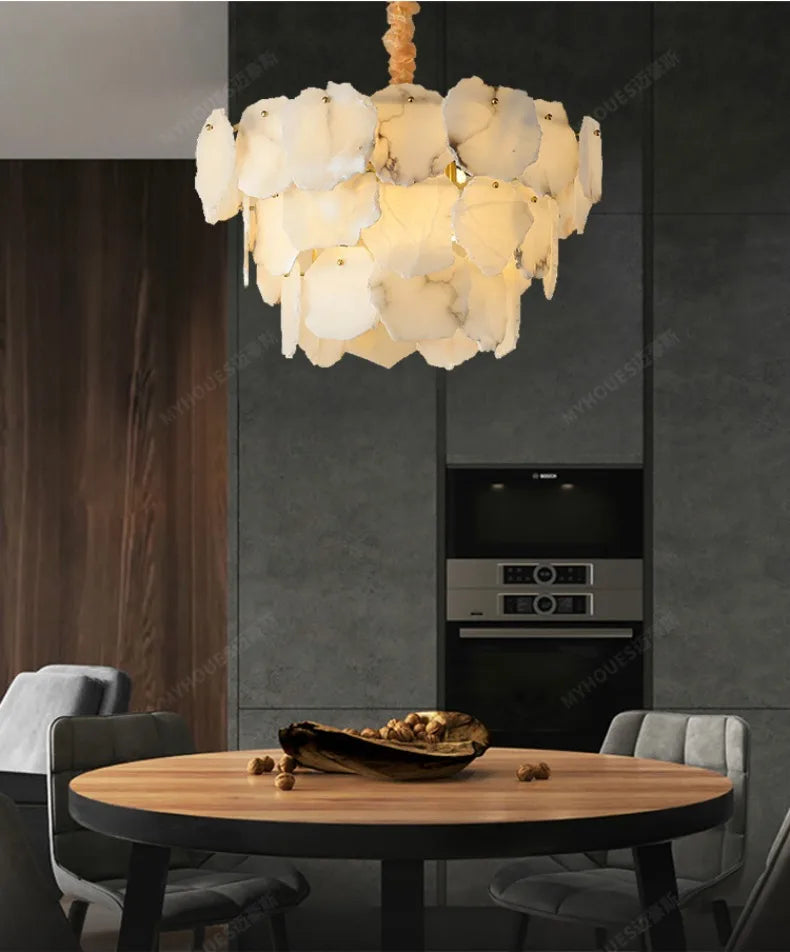 Modern marble led chandelier round pendant light with layered white marble-like plates and gold-toned chain suspension