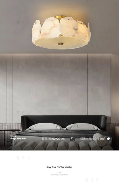 Marble led chandelier pendant light with gold-toned metal frame and frosted white petal-shaped glass shades round design
