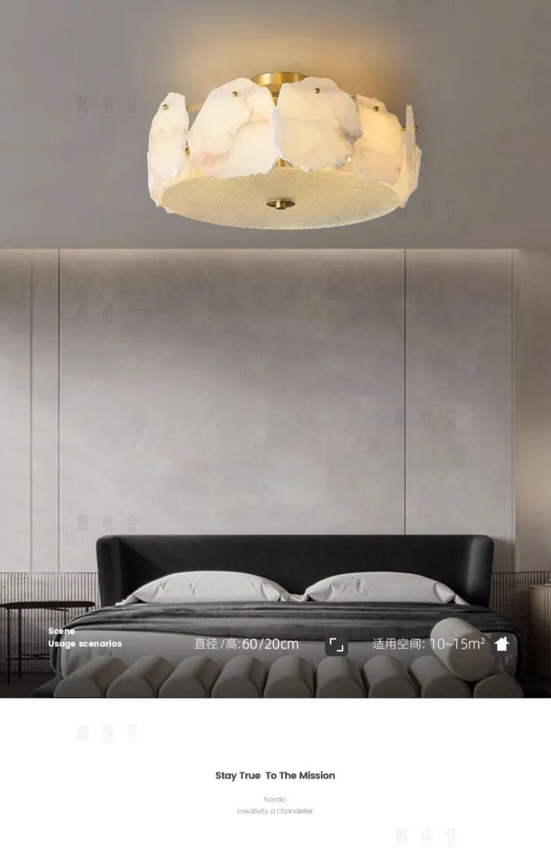 Marble led chandelier pendant light with gold-toned metal frame and frosted white petal-shaped glass shades round design